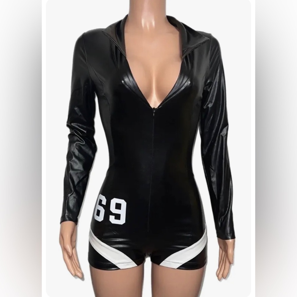 Black 69 Stripes Trashy Racer Motorsport Zipper Romper Costume Cosplay Party